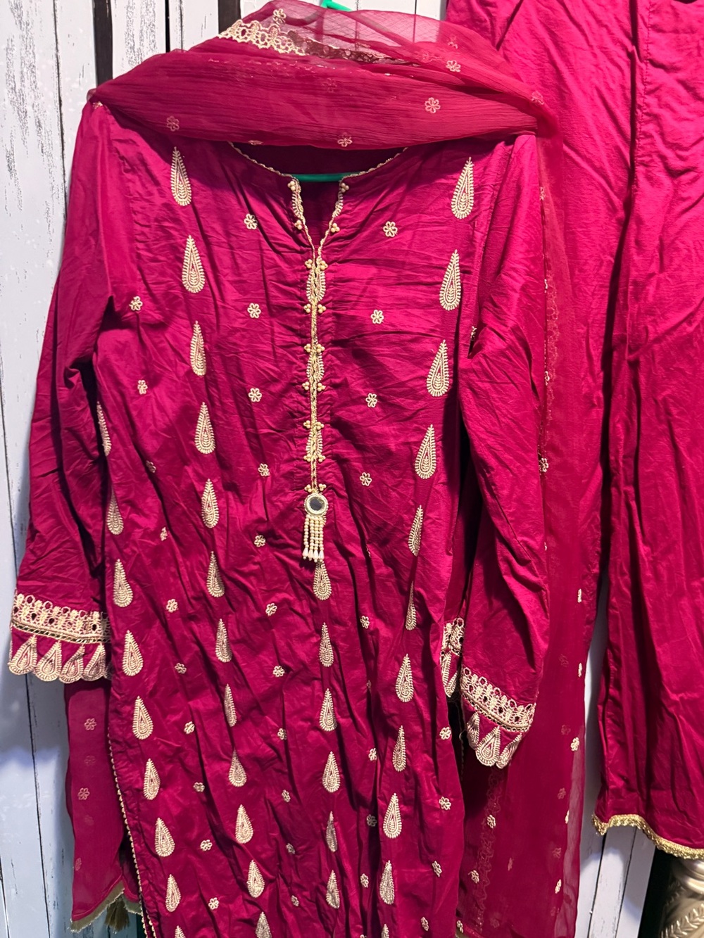 Magenta Embroidered Long Sleeve Dress with Gold Detailing